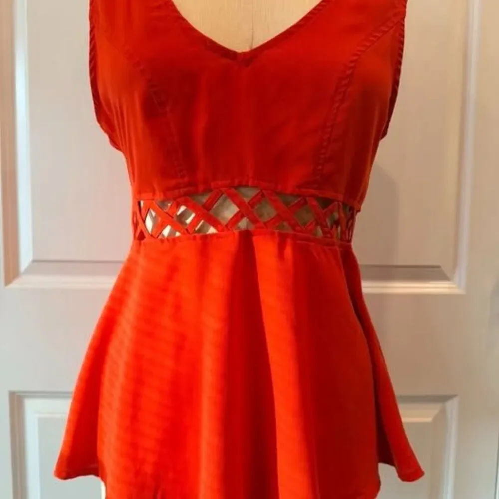 Orange Peplum Top Small Lattice Waist Cutout Flowy Tank - Picture 3 of 10